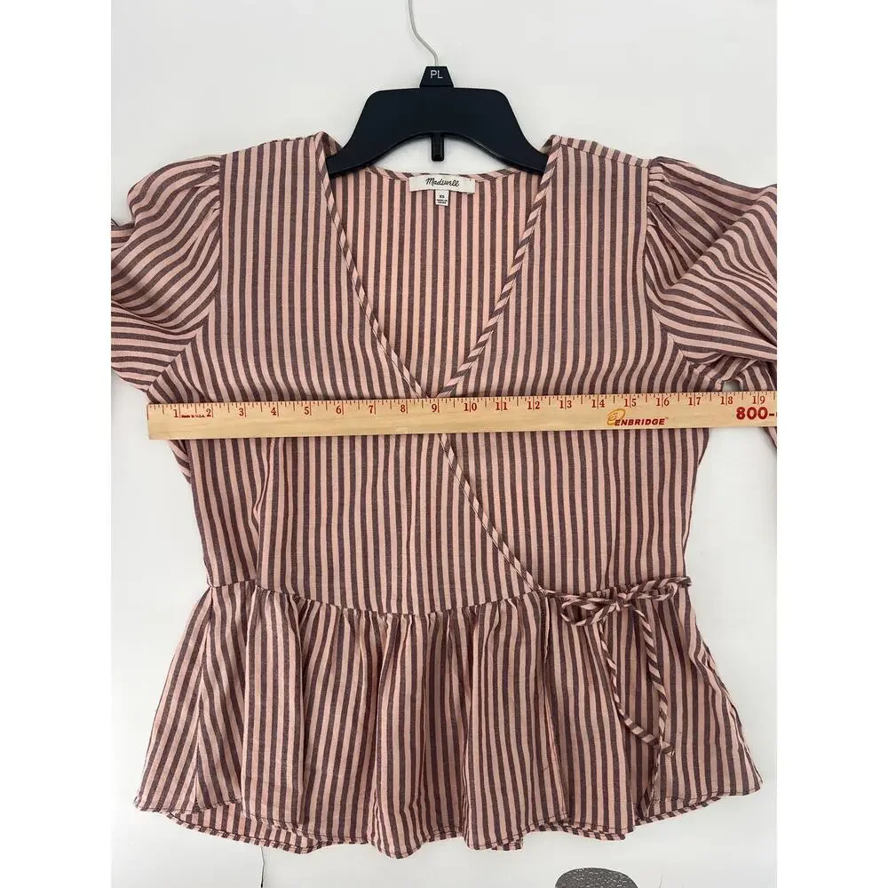 Madewell Striped Puff Sleeve Peplum Wrap Top XS 100% Cotton